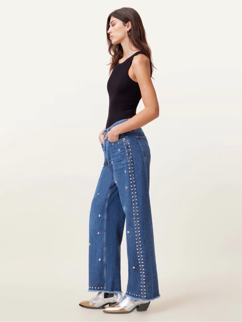 ALL SAINTS - BLAKE STUDDED WIDE LEG DENIM JEANS